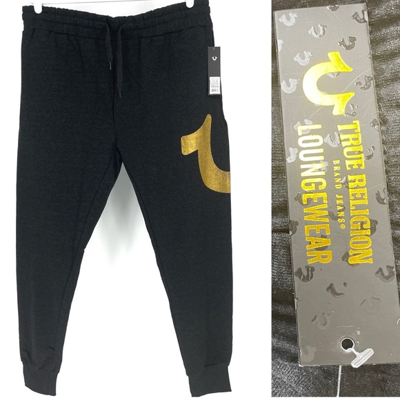 TRUE RELIGION NWT MEN’S JOGGER LOUNGE WEAR SWEAT PANTS CHARCOAL GRAY GOLD - Picture 1 of 5